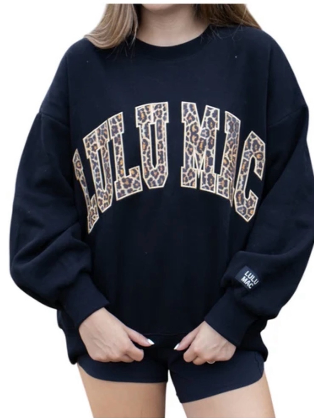 Lulu's Black Crewneck Sweater with Leopard-Print Logo